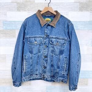Cabelas Vintage Flannel Lined Jean Jacket Field Denim Leather Collar Mens Medium